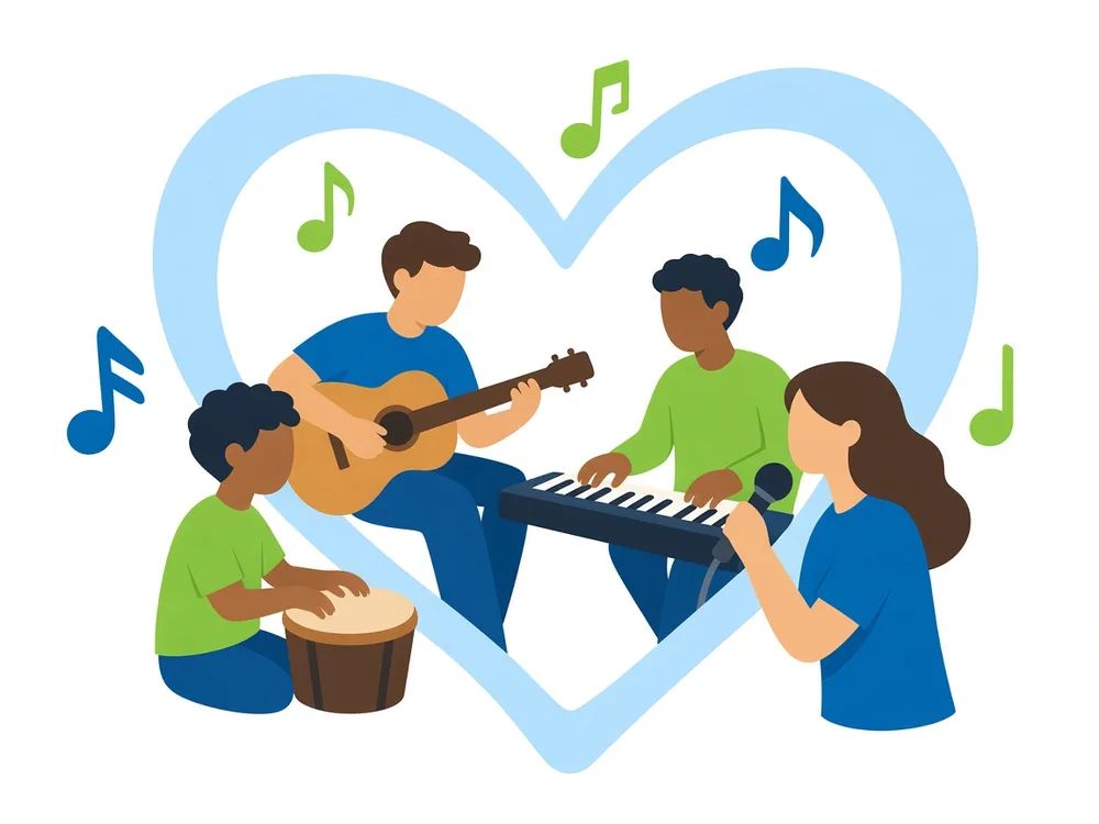 Illustration of young people making music together inside a heart