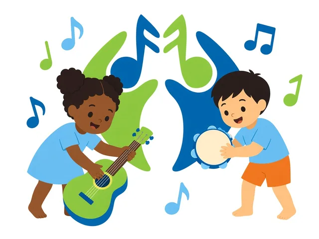 Two children trying a guitar and a tambourine