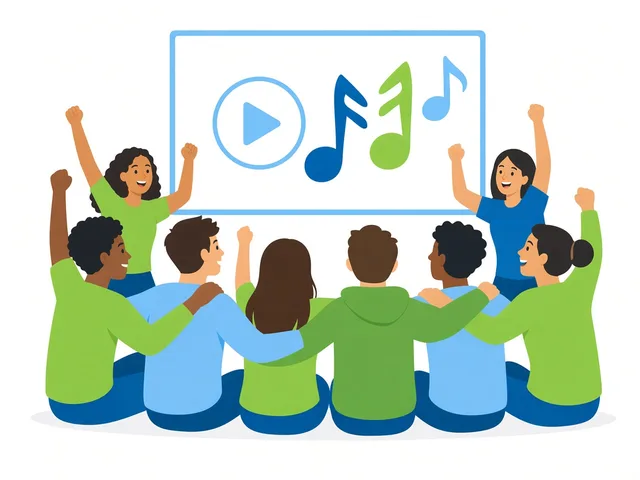 A group cheering at their music video on a screen